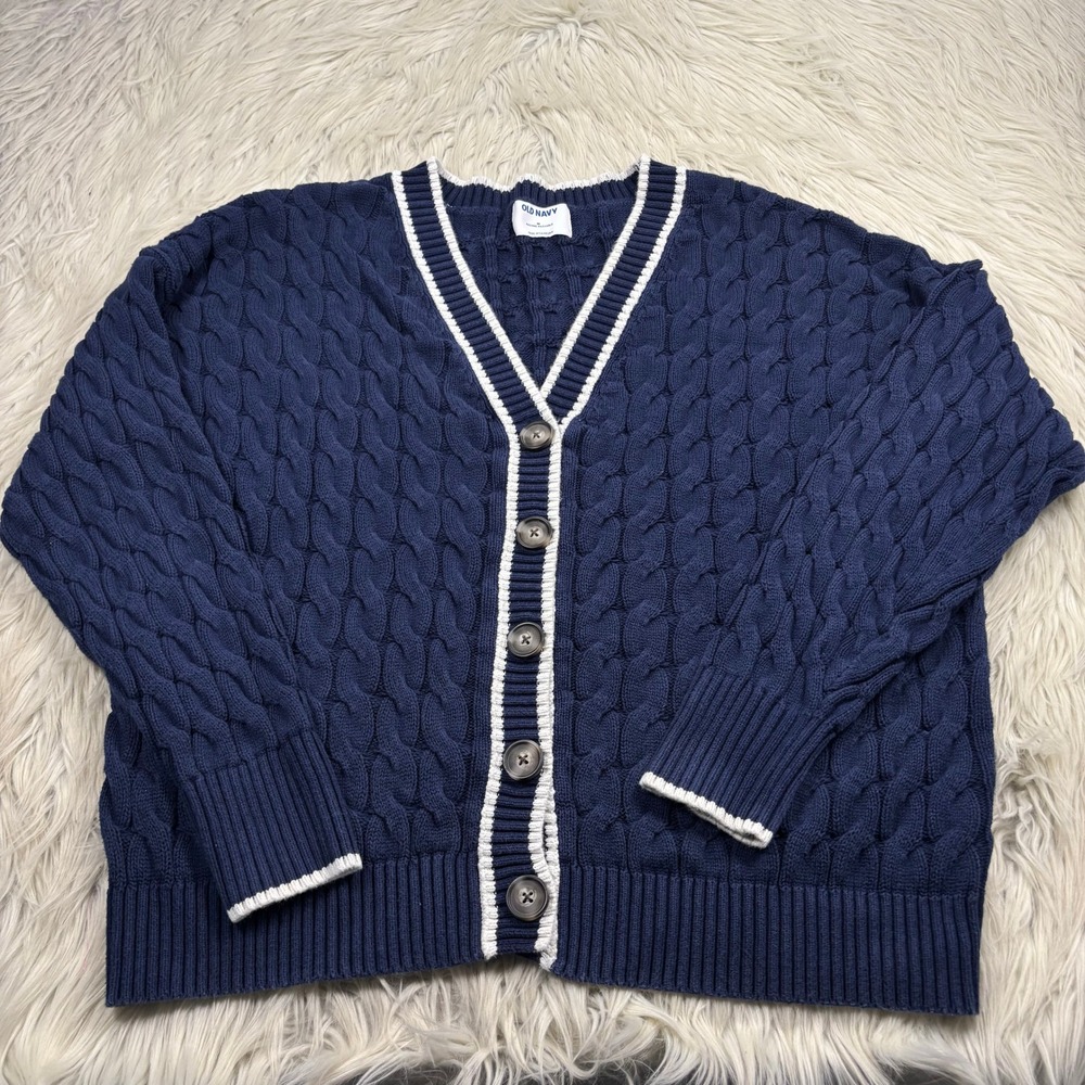 Old Navy Women's M Navy Cable-Knit Varsity Cardigan Preppy Heritage